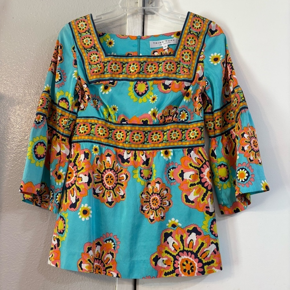 Trina Turk Gypsy Psychedelic Floral Funky Medallion Baby Doll Bell Sleeve Silk